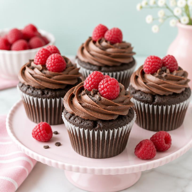 Chocolate cupcakes topped with raspberries
