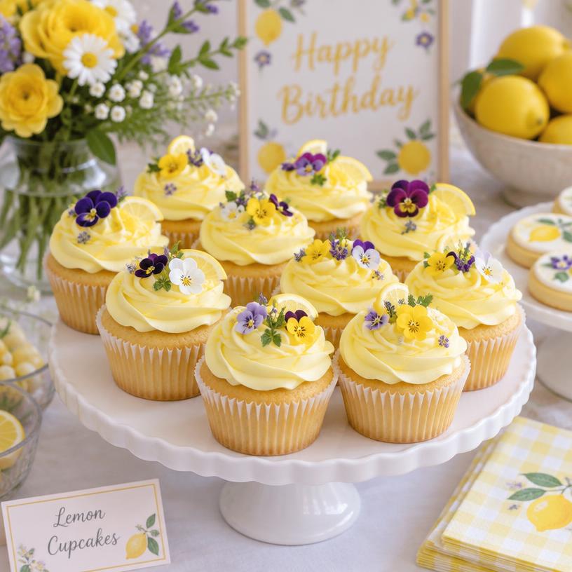 Lemon cupcakes with edible flowers